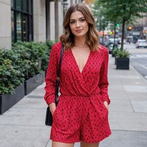 Honey Punch Red Black Geometri Printed Romper Long Sleeve Elastic Waist Pockets